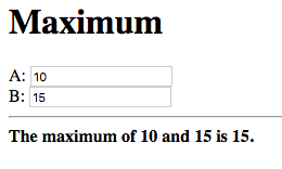 A: 10, B: 15, The maximum of 10 and 15 is 15