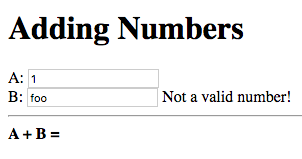 A: 1, B: foo, Not a valid number!; A + B =