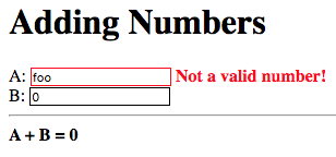 A: foo, Not a number, B: 0, A + B = 0