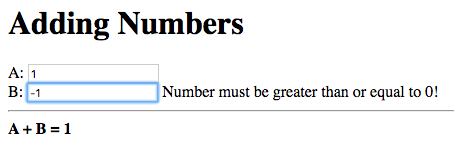 A: 1, B: -1, Number must be greater than or equal to 0!, A + B = 1