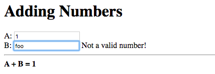 A: 1, B: foo, Not a valid number!, A + B = 1